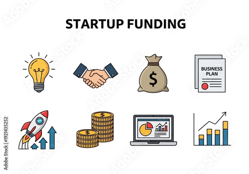 Startup funding icons featuring a lightbulb, handshake, money bag, business plan, rocket, coins, laptop, and graph