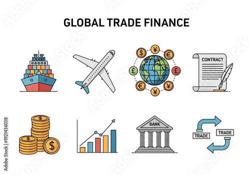 Global Trade Finance icons, illustrating concepts like shipping, aviation, currency exchange, contracts, investment, economics, and banking services