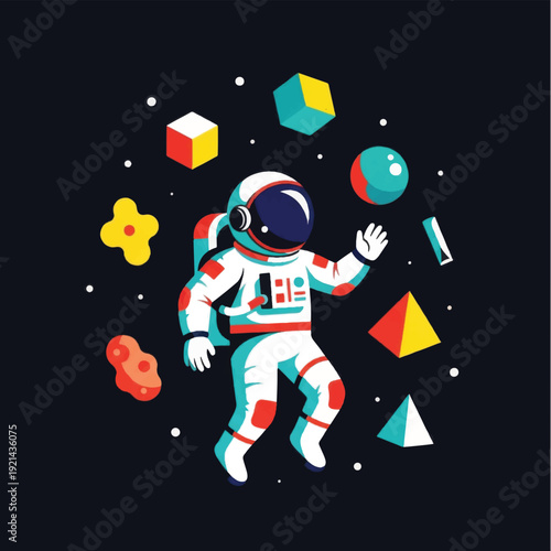 Astronaut Floating Among Colored Geometric Shapes.
