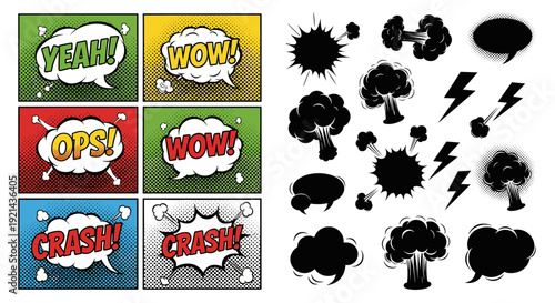 Comic style speech bubbles and explosions