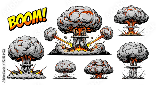 Comic book explosion mushroom cloud set