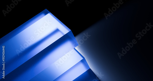 Photography 3d render blue glass block on dark background