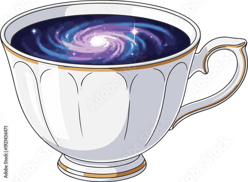 A whimsical illustration of a teacup filled with a vibrant galaxy
