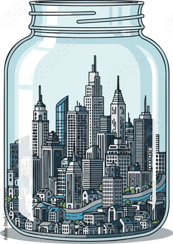 An illustration of a cityscape trapped inside a glass jar