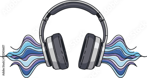 A pair of headphones with vibrant sound waves on a white background