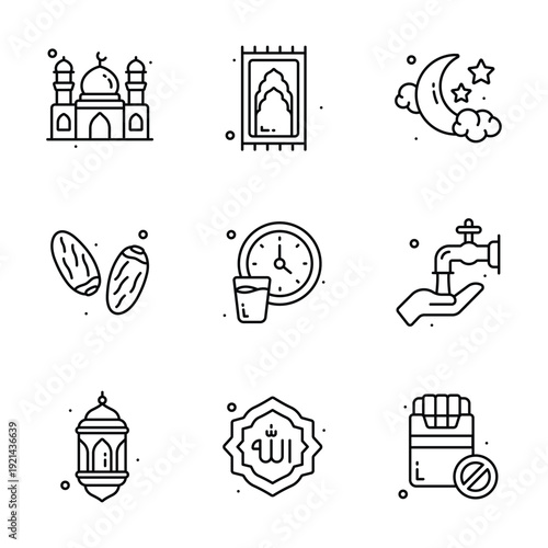 Collection of Ramadan icons including mosque, dates, prayer rug, clock, and crescent moon.