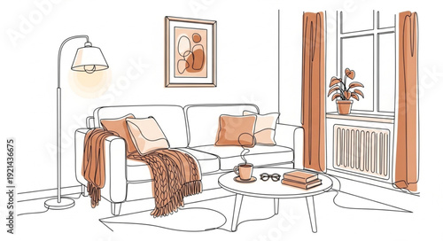 Cozy living room interior sketch with sofa and coffee table.