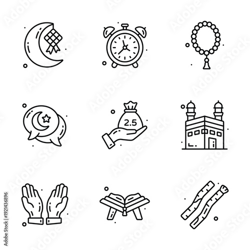 Collection of Ramadan icons, featuring moon, prayer beads, mosque, and Quran for Islamic celebration.