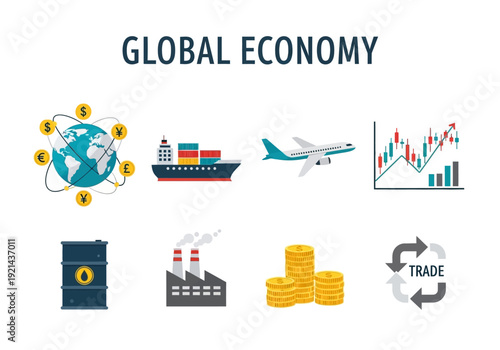 Global Economic Indicators and Commerce Symbols Representing International Trade and Financial Markets