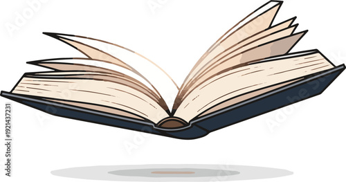 An open book with pages turning upwards on a white background