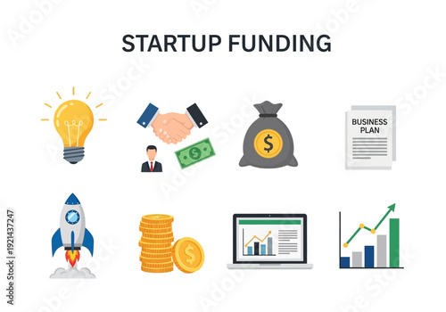 Startup Funding and Business Growth Concepts - Icons for Investment, Finance, and Innovation