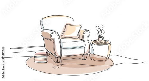 Cozy armchair with decorative lamp and rug illustration.