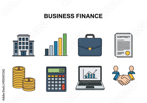 Collection of business finance icons representing growth, contracts, and financial success