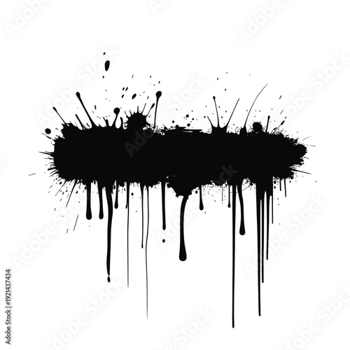 Abstract black ink splatters and drips on a stark white background