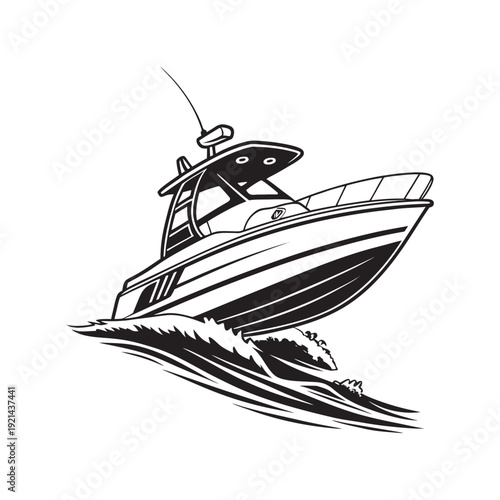 Vector illustration of a nautical sailing yacht and motor boat vessel traveling on the blue ocean waves for a summer vacation cruise or sea fishing sport transport