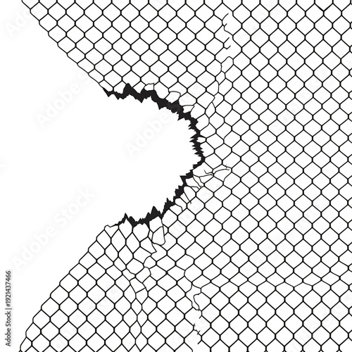 Abstract depiction of a hole in a chain link fence against white