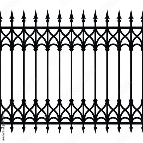 Black wrought iron fence with pointed spikes a repeating decorative pattern