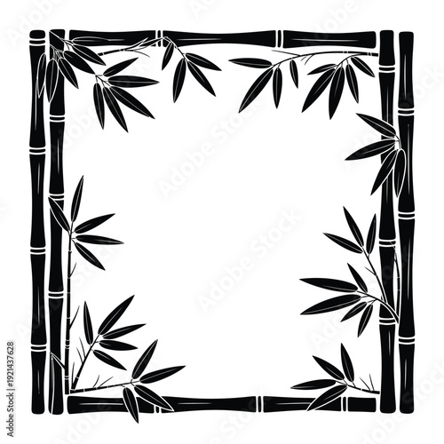 Black and white illustration of a bamboo frame with leaves
