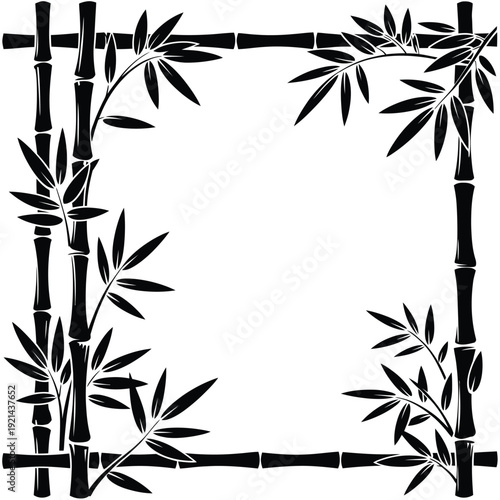 A black and white illustration of bamboo stalks forming a frame