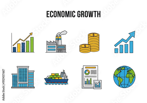 Illustrations of economic growth concepts including graphs, factory, coins, and global representation