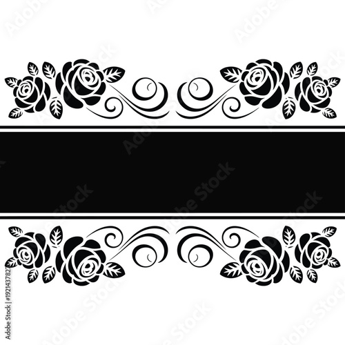 Elegant black and white floral design with roses and decorative swirls