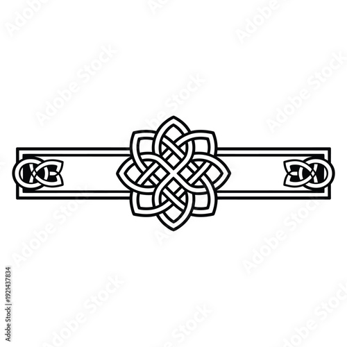 Intricate black and white celtic knot design with symmetrical floral elements