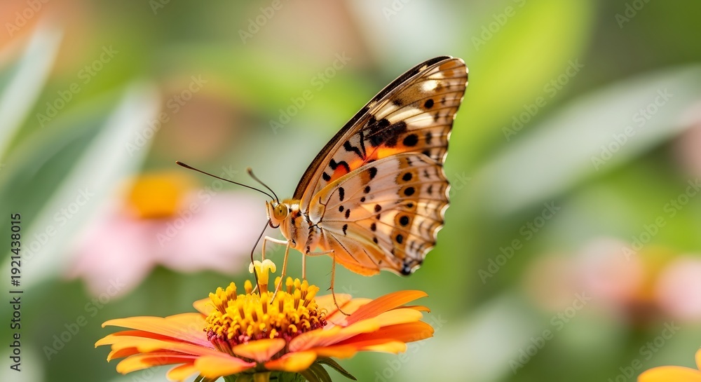 Obraz premium Butterfly perched on a vibrant orange flower in a natural outdoor setting