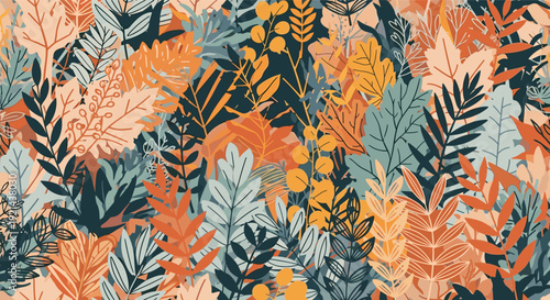 Rich and dense seamless pattern overflowing with various stylized autumn leaves in a vibrant palette of orange, teal, and yellow.