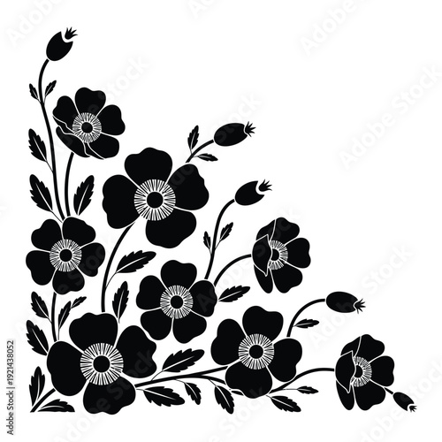 A decorative black and white floral arrangement featuring poppy blossoms