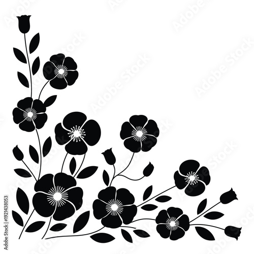Black and white floral corner arrangement with delicate poppy like blooms