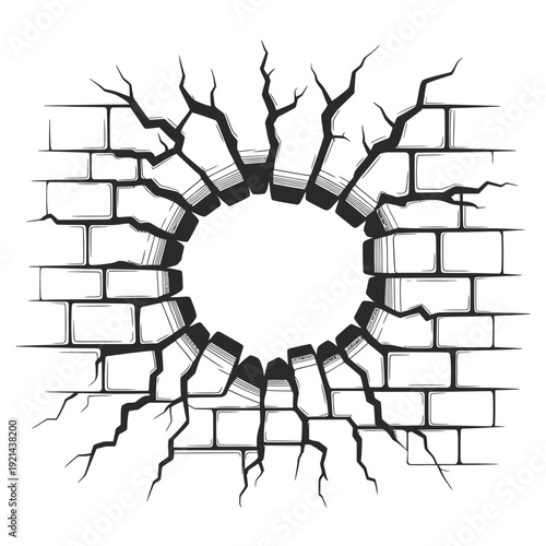 A broken brick wall with a circular opening revealing a white background