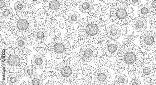 Dense and intricate seamless pattern composed of numerous hand-drawn sunflowers and leaves in detailed black line art sketches.