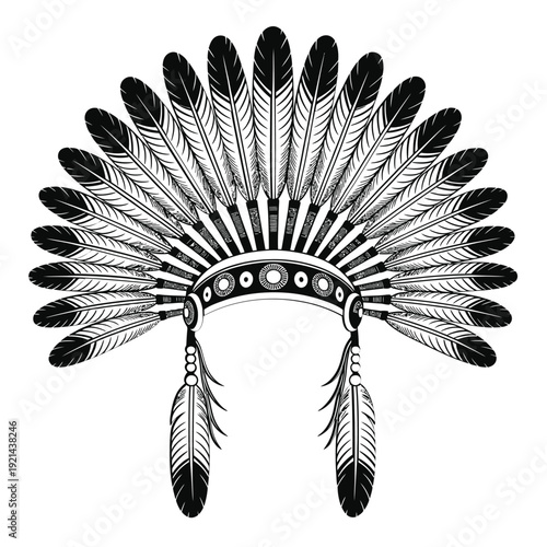 A detailed black and white illustration of a native american headdress