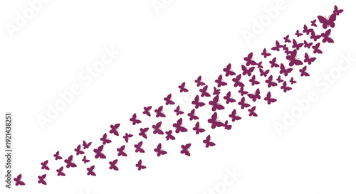 Dynamic swarm of purple butterfly silhouettes flying together across a white background for creative wallpaper design.