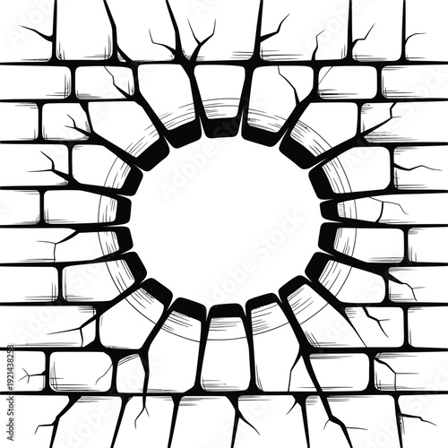 A circular breach in a brick wall showcasing a stark black and white design