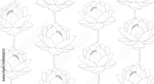 Elegant seamless pattern featuring hand-drawn lotus flower illustrations in a repeating botanical line art style.