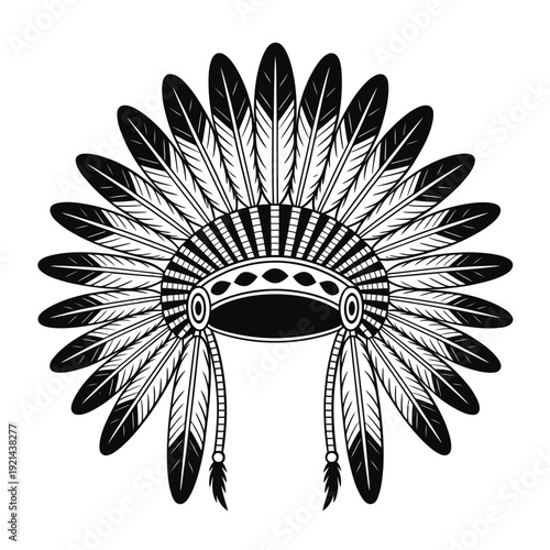 Detailed black and white illustration of a traditional native american headdress