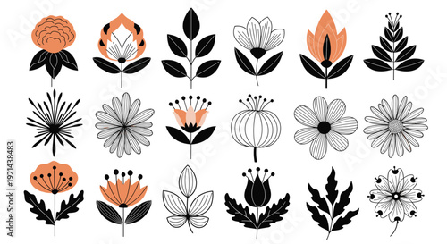 Set of stylized minimalist flower and leaf icons in black and coral colors for contemporary botanical branding and logos.