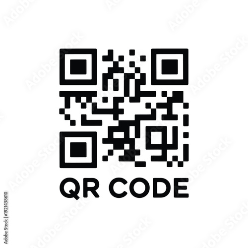 A black and white qr code with text labeling below the pattern
