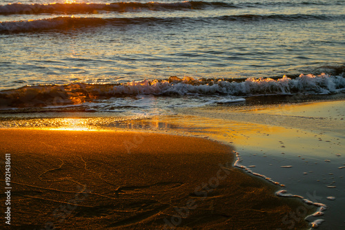 Sea view at sunset. Evening landscape. Beautiful seascape at sunset. Outdoor activities and travel. Suitable as a background.
Natural texture. Add text. Close-up. Graphic design.