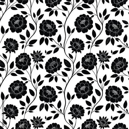 Elegant black and white floral pattern with detailed rose like blooms