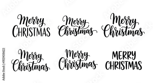 Collection of six unique hand-lettered merry christmas typography styles in black ink for festive holiday card designs.