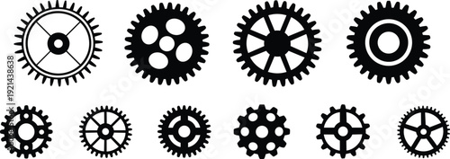 Gear and cogwheel silhouettes collection set, mechanical engineering icons of industrial machine parts isolated on white background vector illustration for technology design