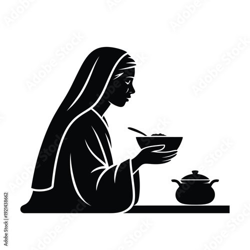 A contemplative nun holds a bowl possibly receiving or offering food