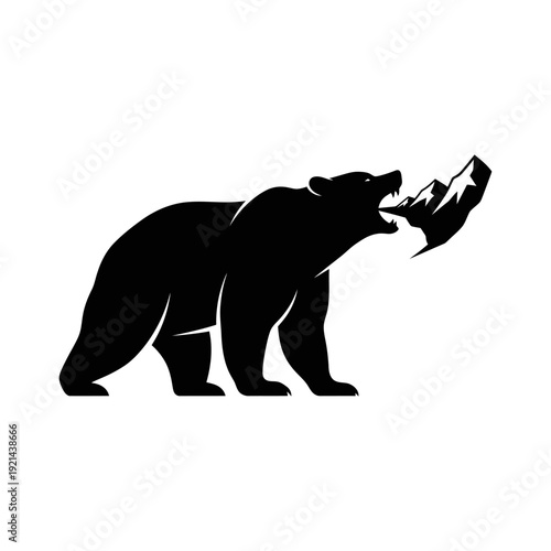 Black Bear Silhouette Biting Mountain Peak, Aggressive Animal Logo Concept