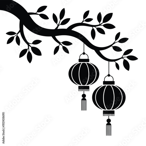 A silhouetted branch with hanging lanterns creates a striking visual