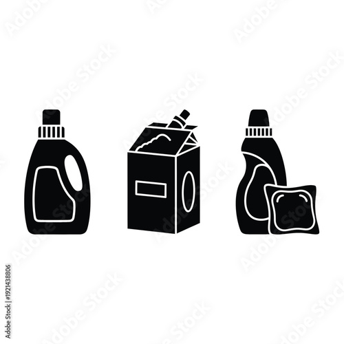 Cleaning supplies illustration featuring detergent, carton, and sponge in a simple style