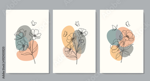 Triptych of vertical panels featuring minimalist line-art flowers, butterflies, and abstract organic shapes in pastels.