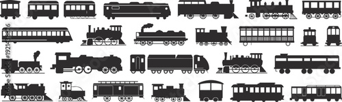 Vintage and modern train silhouettes collection, steam locomotive, passenger carriage and freight rail cars isolated on white background transportation vector set