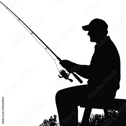 Silhouette of a fisherman with a rod and reel against a bright sky